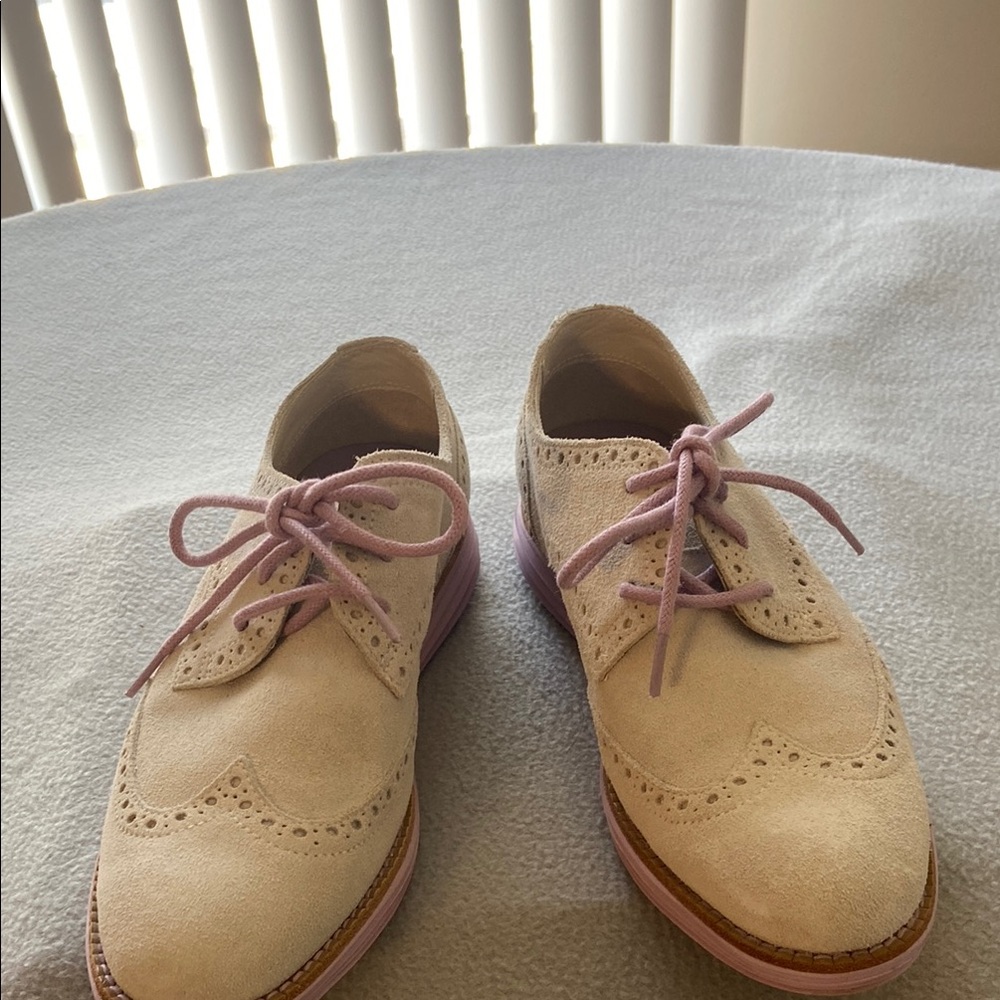 Cole Haan Beige Suede Brogues with Pink Laces